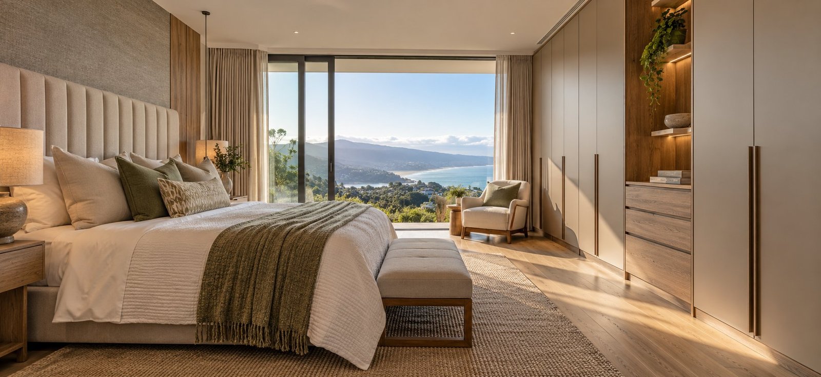 Modern bedroom with headboard and fitted wardrobes