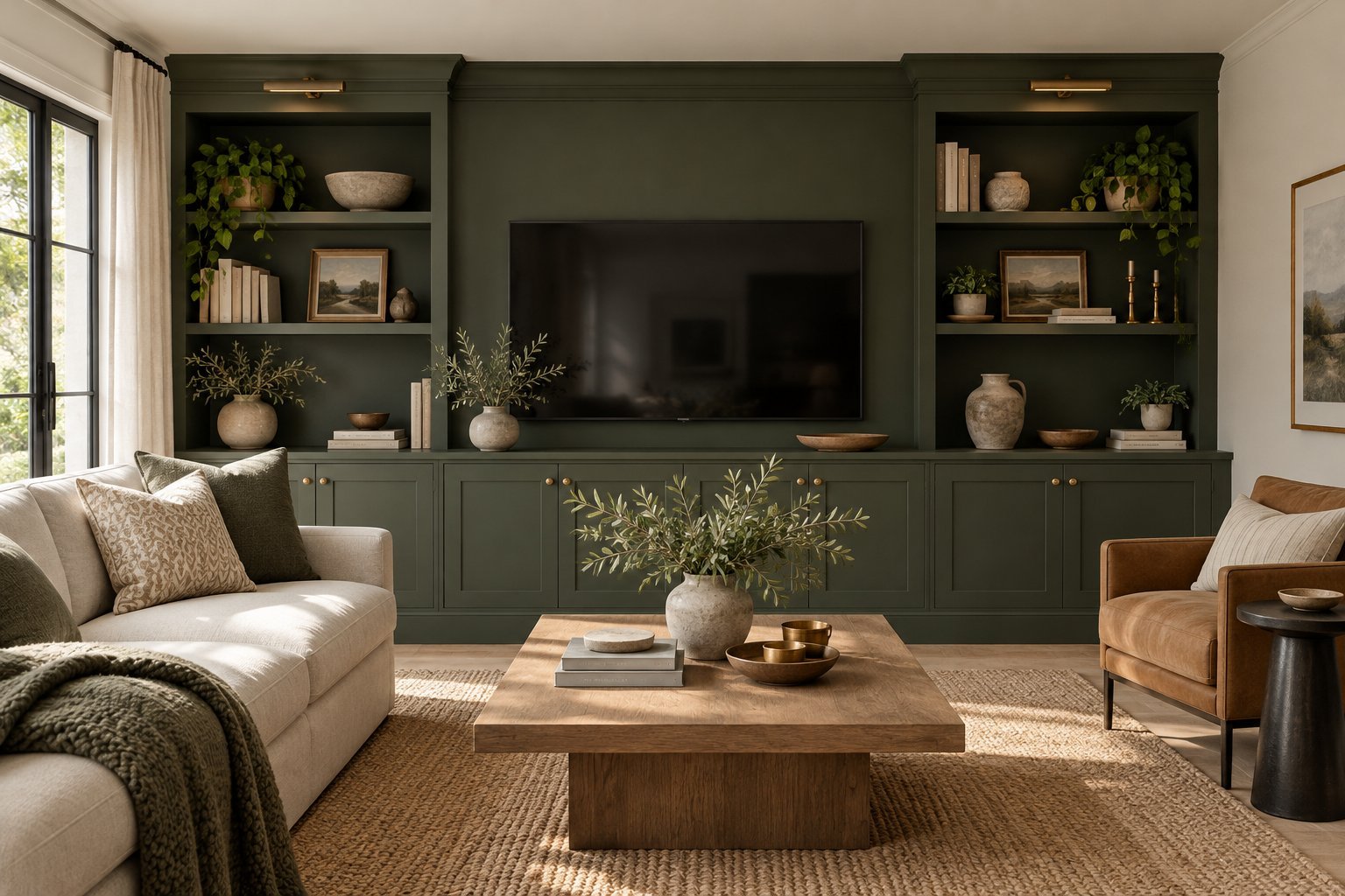 Feature wall with television and display shelves