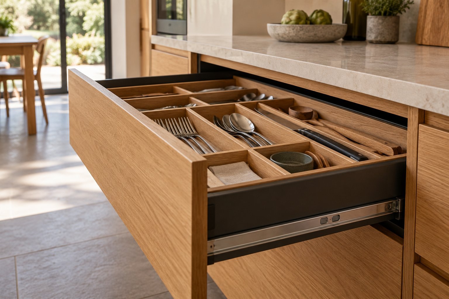 Open kitchen drawer with storage organiser
