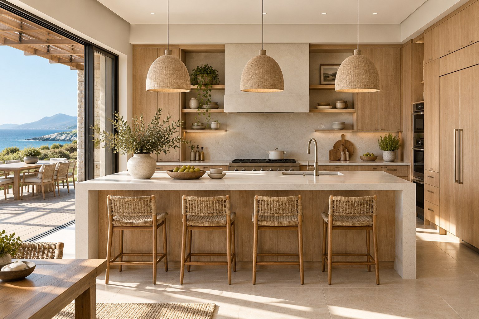 Modern kitchen with fitted cupboards and island