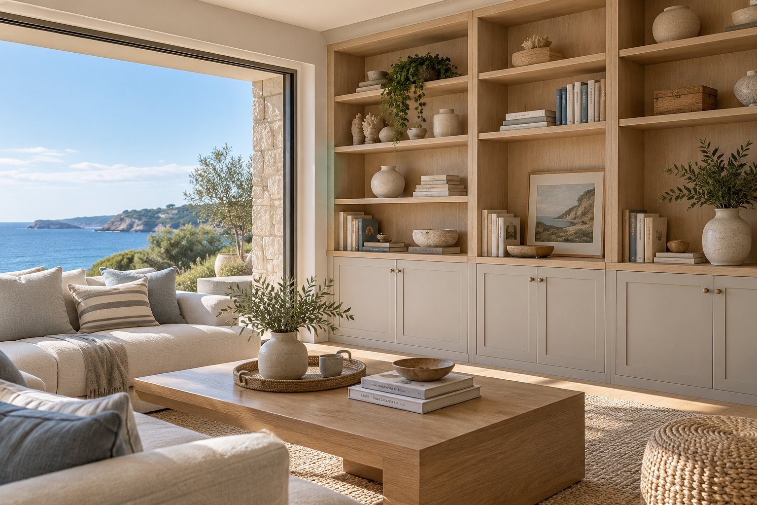 Living room with built-in cupboards and shelves