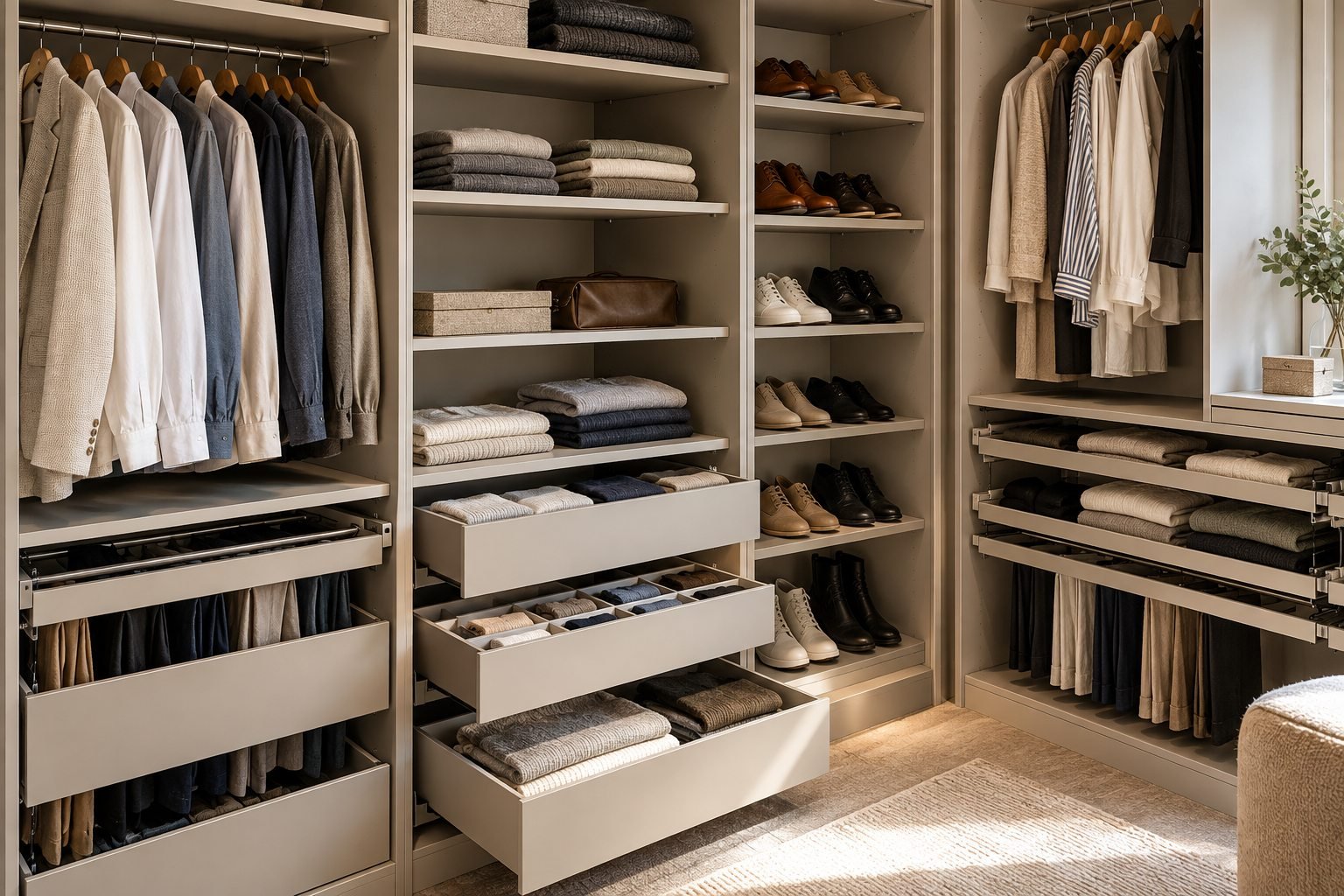Wardrobe drawers, shelves and hanging space